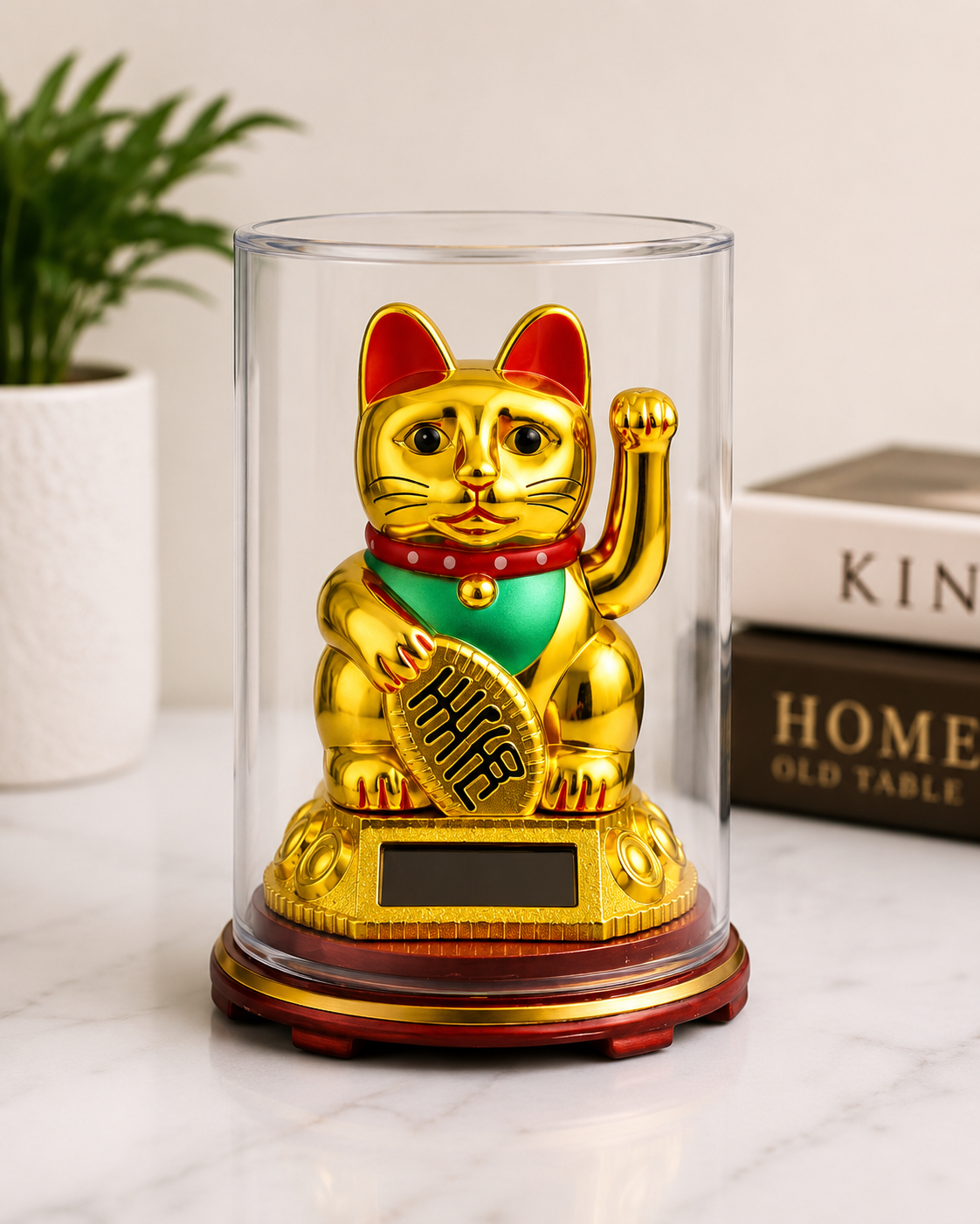 lucky maneki neko cat solar powered waving hand statue | feng shui wealth & prosperity cat showpiece for home, office & shop decor