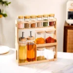 spice jars & oil bottles set of 12 with 4 compartment wooden stand | nestasia