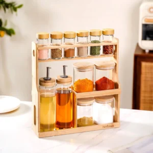 spice jars & oil bottles set of 12 with 4 compartment wooden stand | nestasia