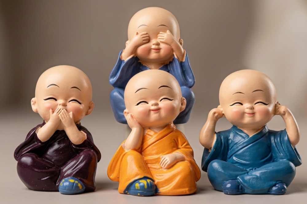 Four Little Monk Figurines Decorative Showpiece Resin Mini Statue Set Pack of 4 Multicolor