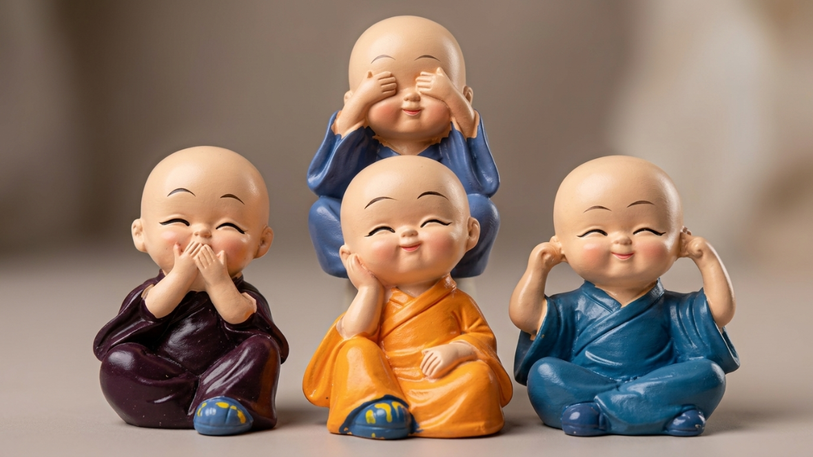 Four Little Monk Figurines Decorative Showpiece Resin Mini Statue Set Pack of 4 Multicolor