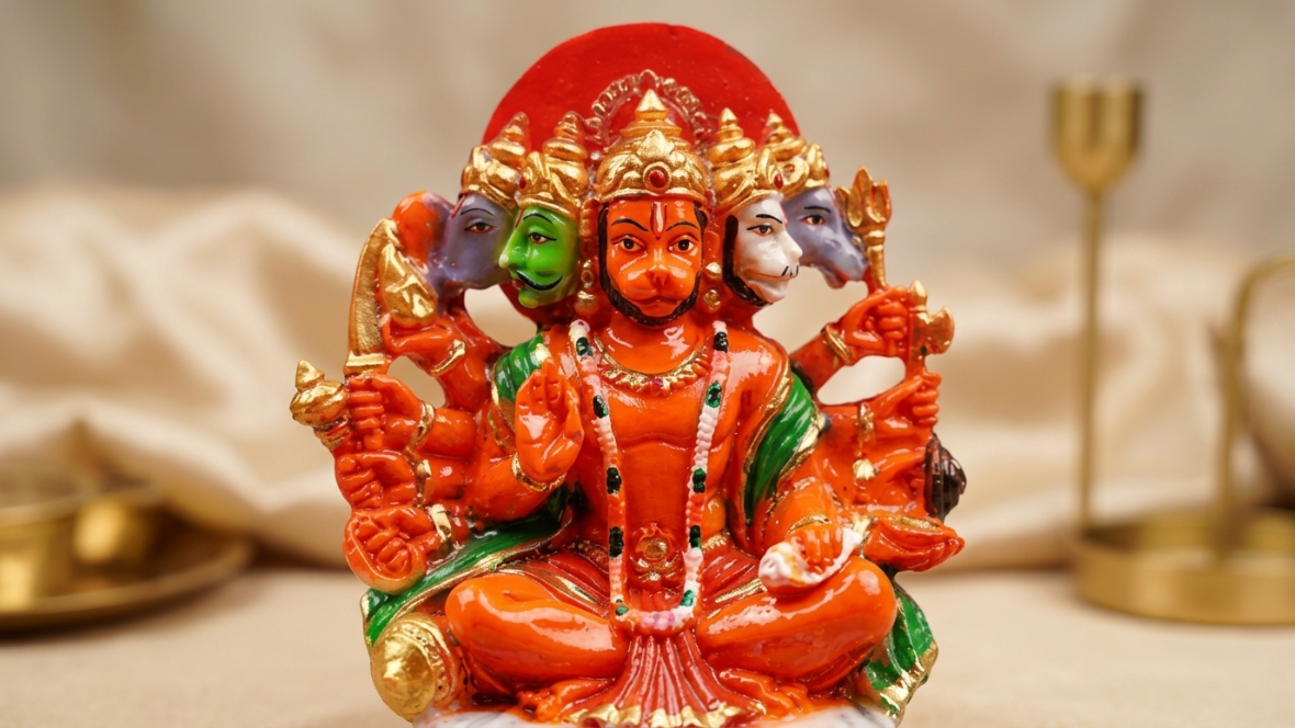 Panchmukhi Hanuman Idol Resin Decorative Showpiece for Home Temple Puja Multicolor