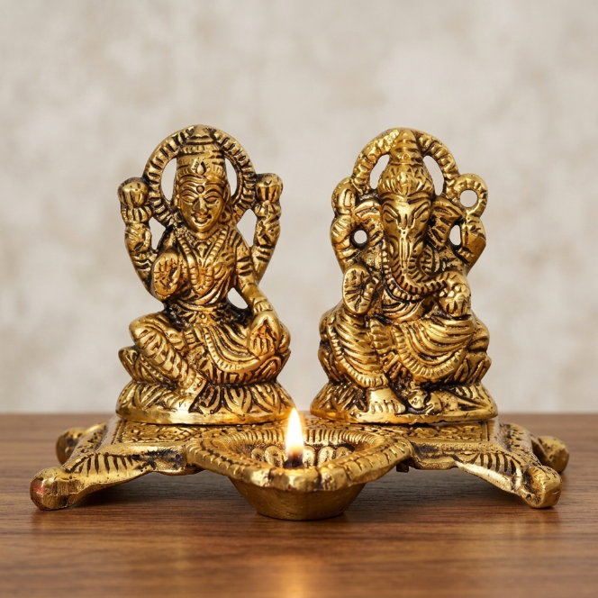 Lakshmi Ganesh Idol with Diya Brass Finish Decorative Showpiece for Home Temple Puja