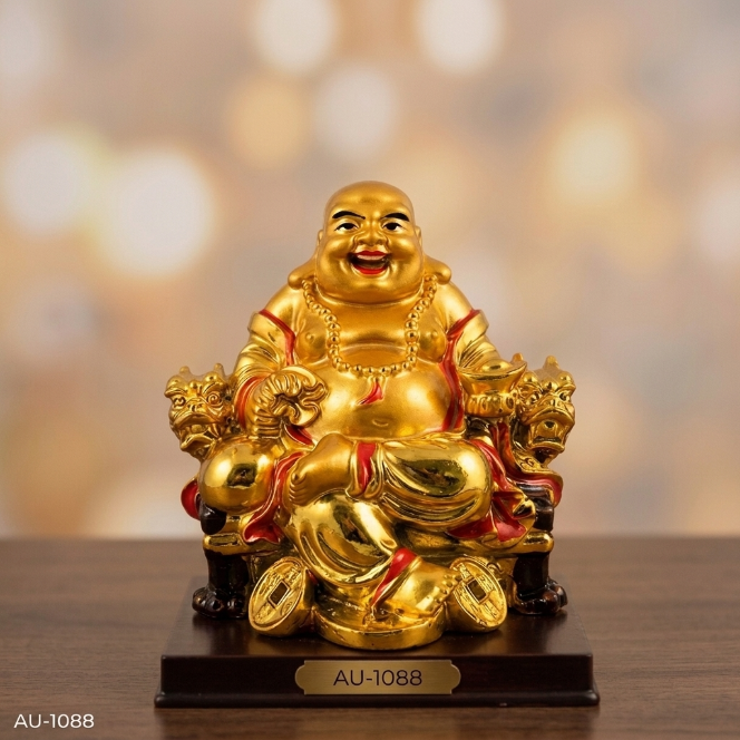 Laughing Buddha Showpiece Golden Feng Shui Wealth Idol for Home Office Table Decor