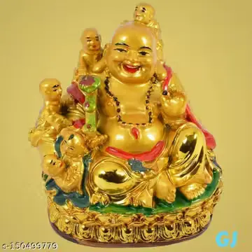 Laughing Buddha with Five Children Showpiece Golden Resin Feng Shui Idol for Home Office Decor